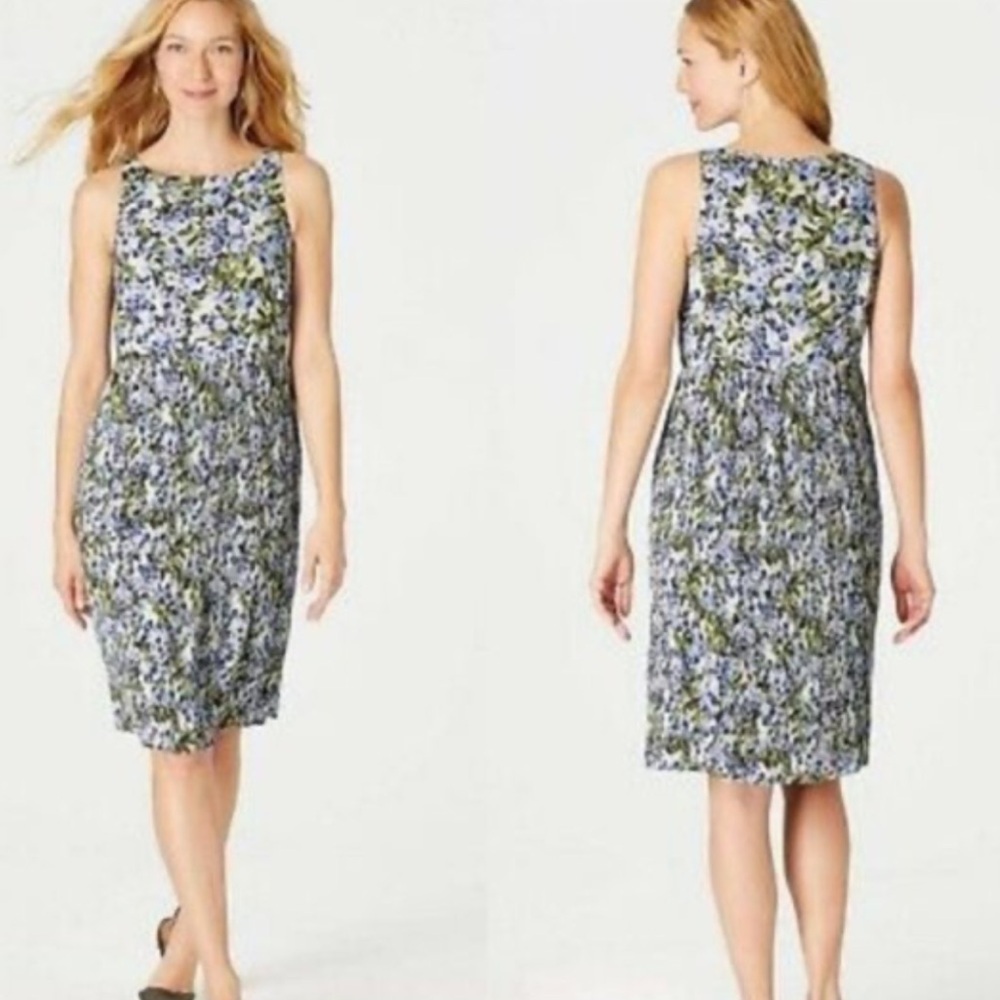 J.Jill Women M TALL Granite Watery Blooms Floral Sleeveless Pleated Sheath Dress